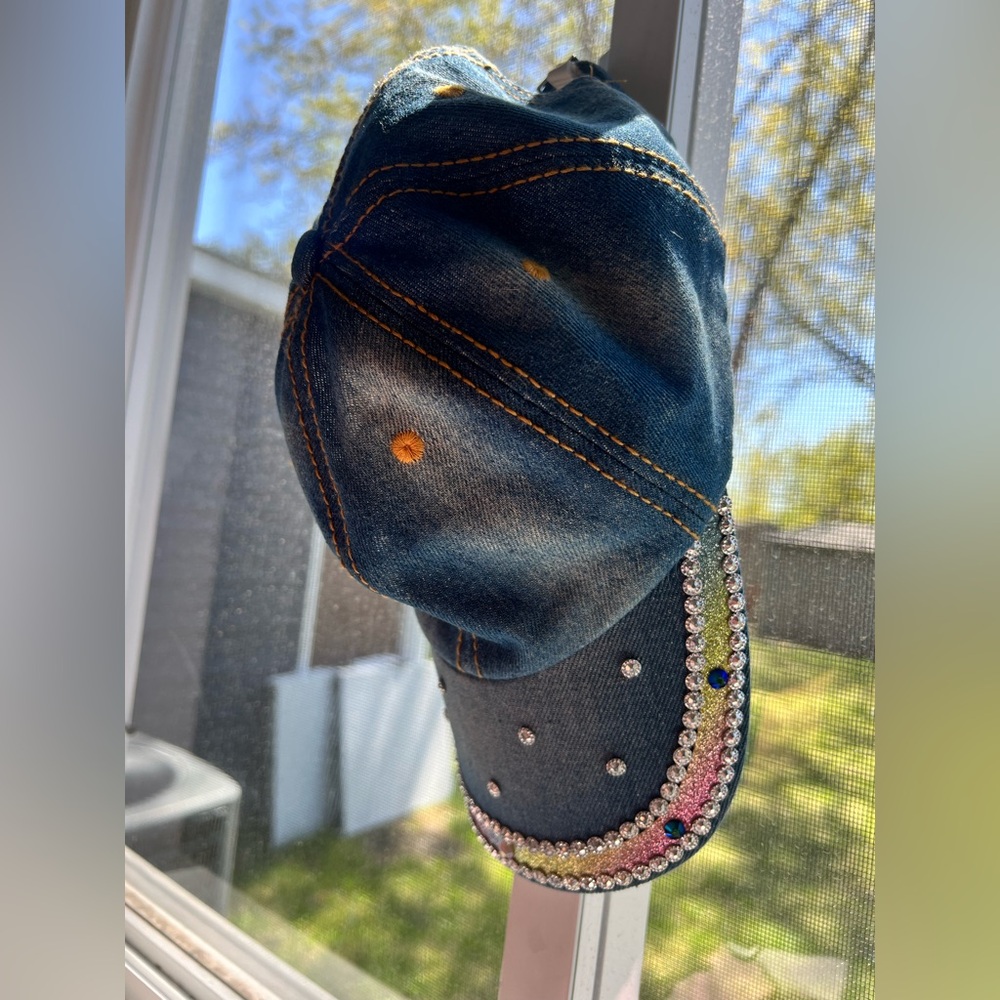 Embellished Denim Cap with Rhinestones